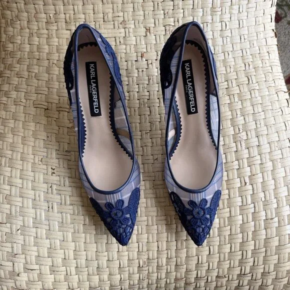 Karl Lagerfeld Women’s Blue Plaid / lace High Heel Shoes Beautiful Perfect - Picture 3 of 7